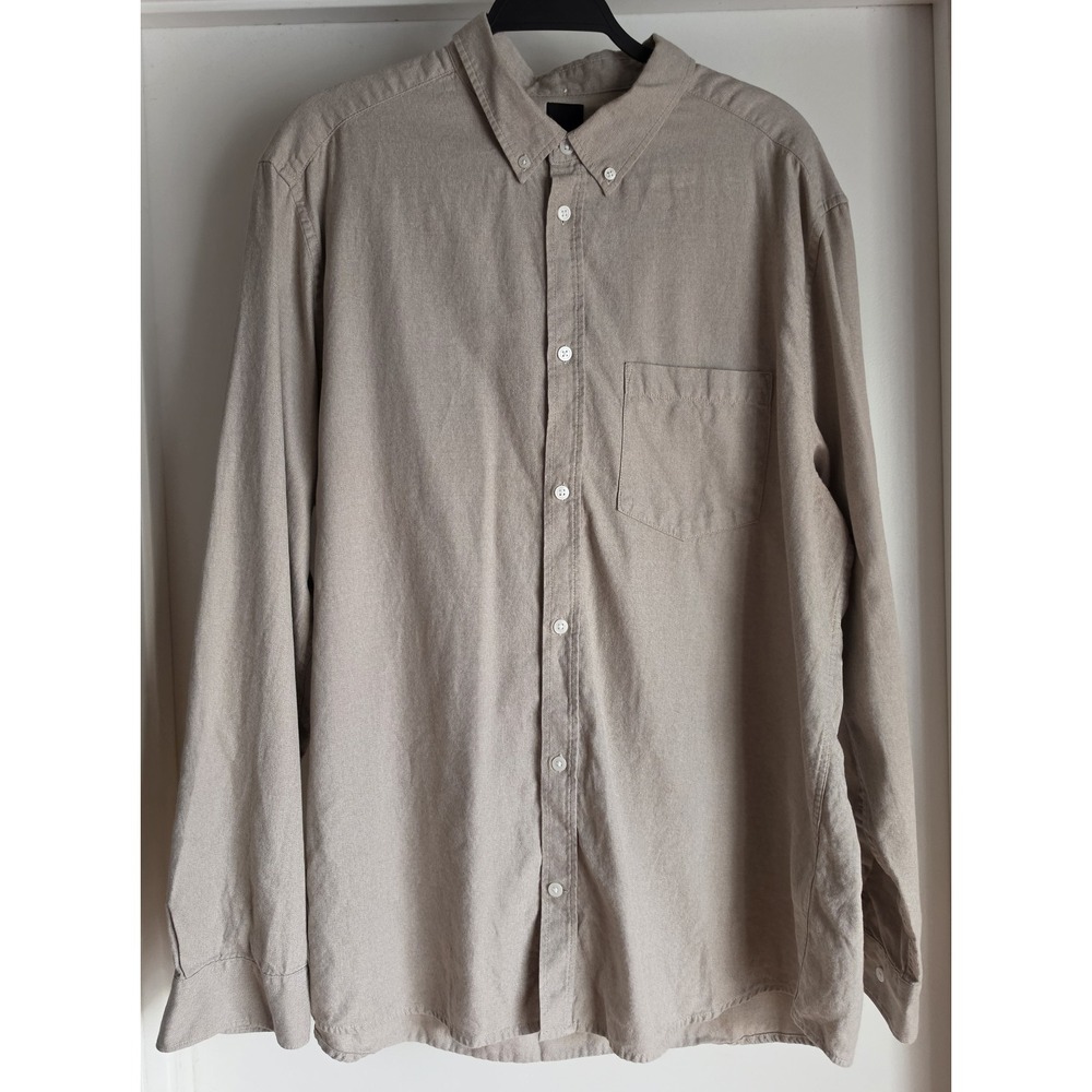 H&M Men XL Beige Solid Collared Long Sleeve Shirt Button-Up Casual Top